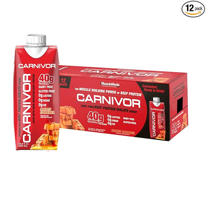 MuscleMeds Carnivor RTD, Ready to Drink Protein, Lactose Free, Sugar Free, 40g Isolate Protein, Muscle Building, Recovery, Halal Certified, Salted Caramel, 16.9 Fl Oz (Pack of 12)