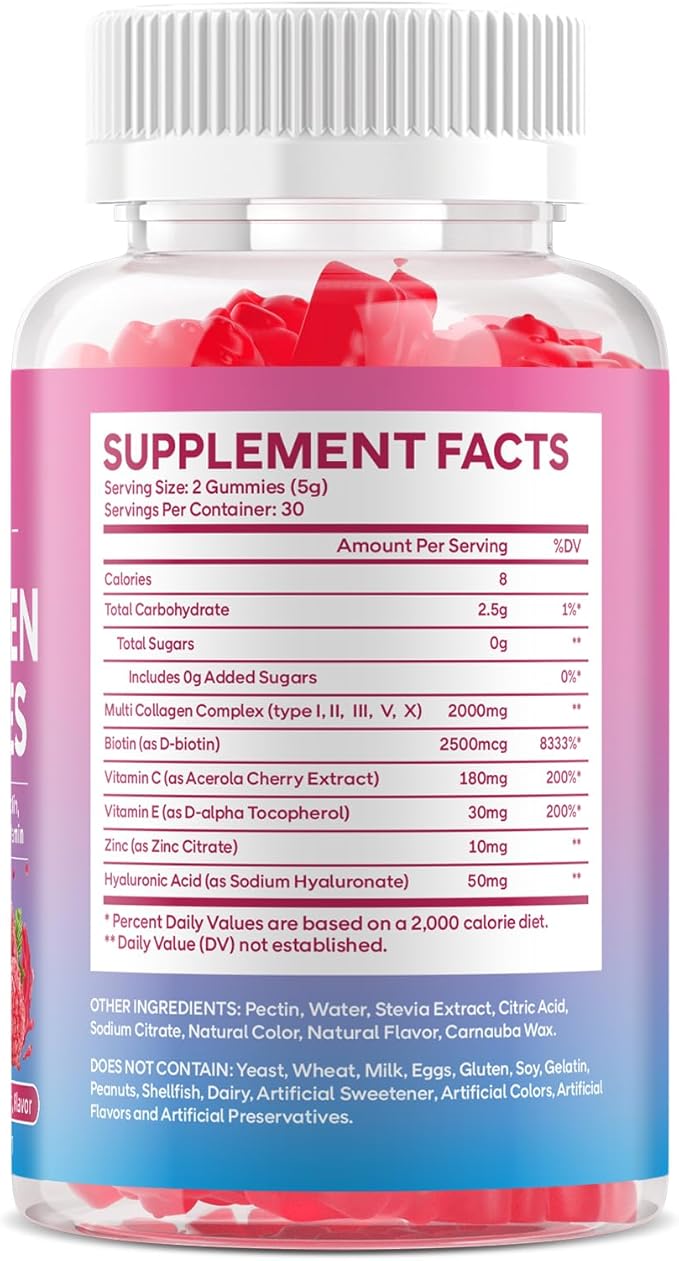 2 Pack Collagen Peptide Gummies for Women & Men, Collagen Protein Type I,II,III,V,X with Biotin Vitamin C, D, Hydrolyzed Collagen Supplement for Skin, Hair, Nails, Raspberry Flavor, 120 Count