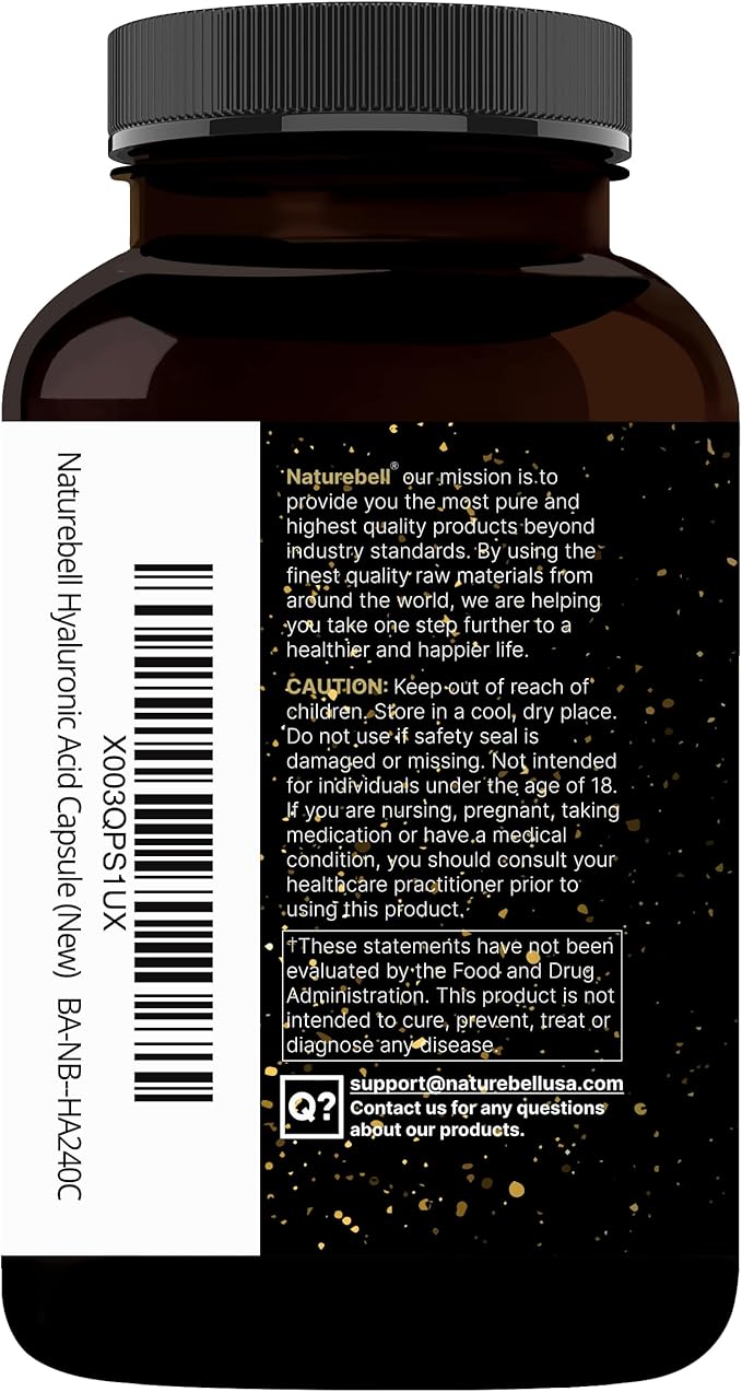 NatureBell 2 Pack Plant Based Hyaluronic Acid Supplements 250mg with 25mg Vitamin C & Biotin 5000mcg, 480 Total Capsules | Essential for Hair Growth, Joint Support, & Hydrating Skin | Non-GMO
