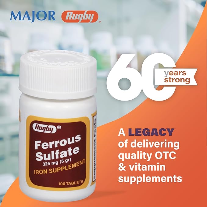 Rugby Ferrous Sulfate 325mg Tablets - Iron Supplement for Women and Men - 100 Count (3 Pack)