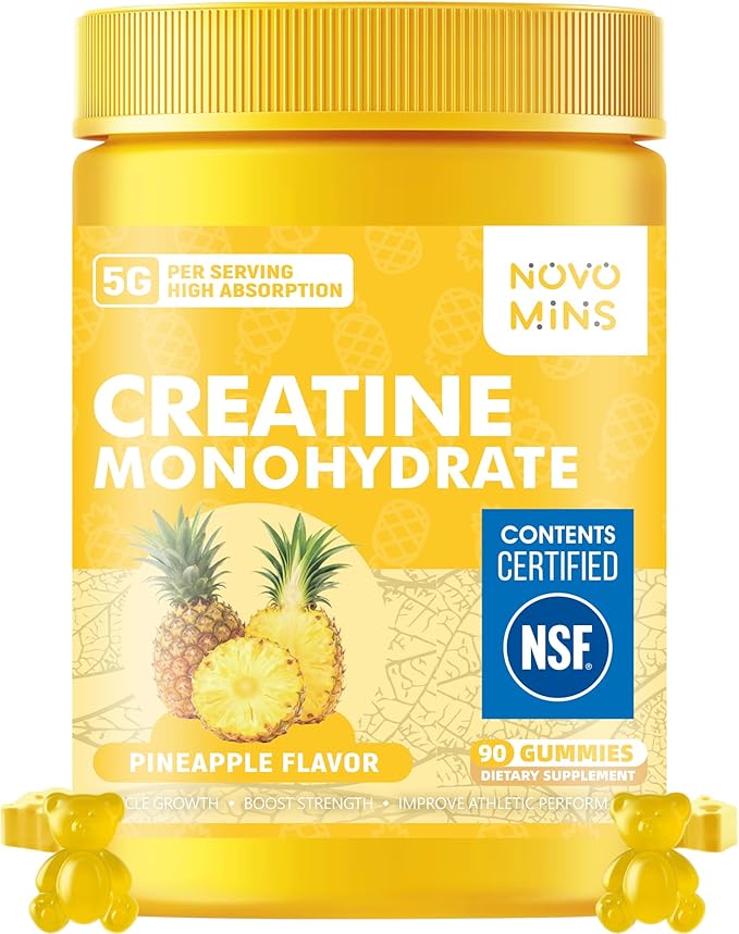 novomins Creatine Monohydrate Gummies for Men & Women, Chewables Creatine Monohydrate for Muscle Strength, Muscle Builder, Energy Boost, Pre-Workout Supplement(90 Count)-Pineapple Flavor.