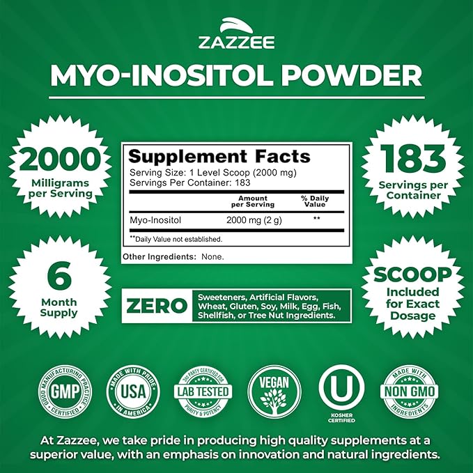 Zazzee Myo-Inositol Powder, 6 Month Supply, 183 Servings, 2000 mg per Serving, Free Scoop for Exact Dosage, 12.91 Ounces, Certified Kosher, 100% Pure, Fertility & Reproductive Support, Made in the USA