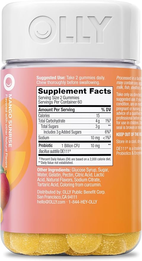 OLLY Probiotic Gummy, Immune and Digestive Support, 1 Billion CFUs, Chewable Probiotic Supplement, Mango, 60 Day Supply - 120 Count