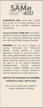 Jarrow Formulas SAMe Supplement 400 mg - 60 Tablets - High Concentration of Active S,S Form - Supports Joint Health, Liver Function, Brain Metabolism, Balanced Mood & Antioxidant Defense - 60 Servings
