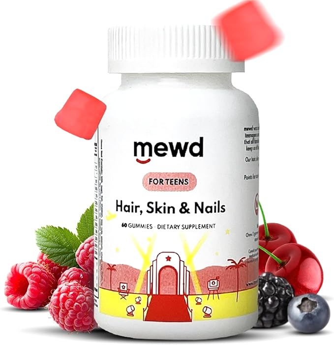 MEWD Teen and Kids Hair, Skin & Nails Support Multivitamin Gummies - Biotin Strength & Growth with Zinc, Vitamins A, D3, B1, B2, B6 & B12 - Gluten-Free, Non-GMO for Girls & Boys - 60 Count - USA Made