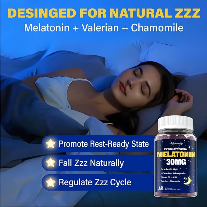 Melatonin Gummies 30mg for Adults: Maximum Strength Melatonin Supplement with L-Theanine, Ashwagandha, MSM, Vitamin D3 & Zinc - Non-Habit Forming, Natural Mixed Berry Flavor 60 Count (Pack of 2)