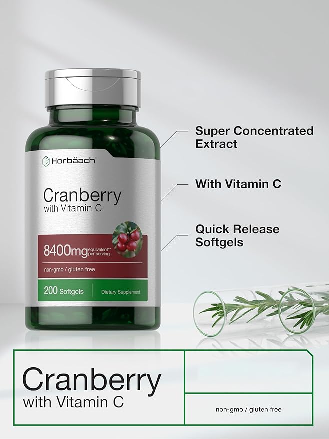 Horbäach Cranberry Pills for Women and Men | 200 Softgels | Extract Supplement with Vitamin C | Non-GMO, Gluten Free