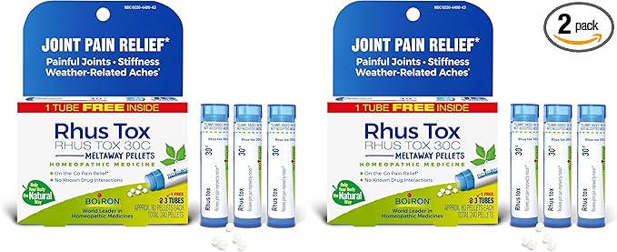 Boiron Rhus Tox 30C Homeopathic Medicine for Relief from Joint Pain,Muscle Aches,Swollen or Stiff Joints,and Weather Related Aches - (240 Pellets),3 Count (Pack of 2)