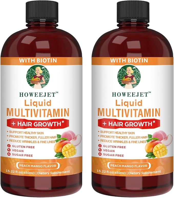 Liquid Multivitamin for Hair Growth | Biotin 10000mcg | Hair & Skin Support Supplement | Clinically Tested for Thicker Hair & Skin Elasticity | Suitable for Women & Men, Ages 18+ | 15.22 Fl Oz (2)