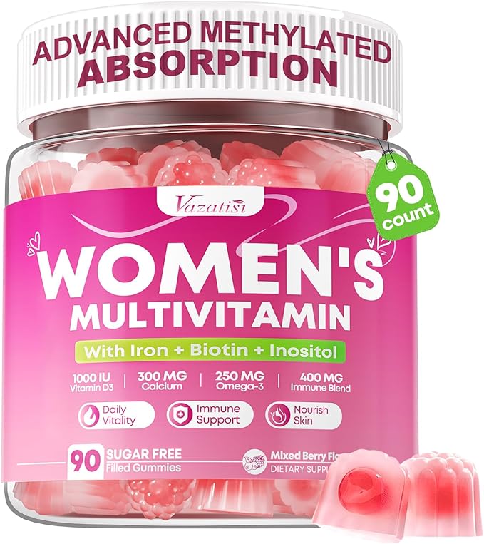 Women's Multivitamin Gummy, Methylated Multivitamin for Women Gummies, Sugar Free Daily Vitamin with Iron, Omega 3, Biotin for Beauty, Immune, Hair & Skin - Vegan, Mixed Berry Flavor, 90 Count
