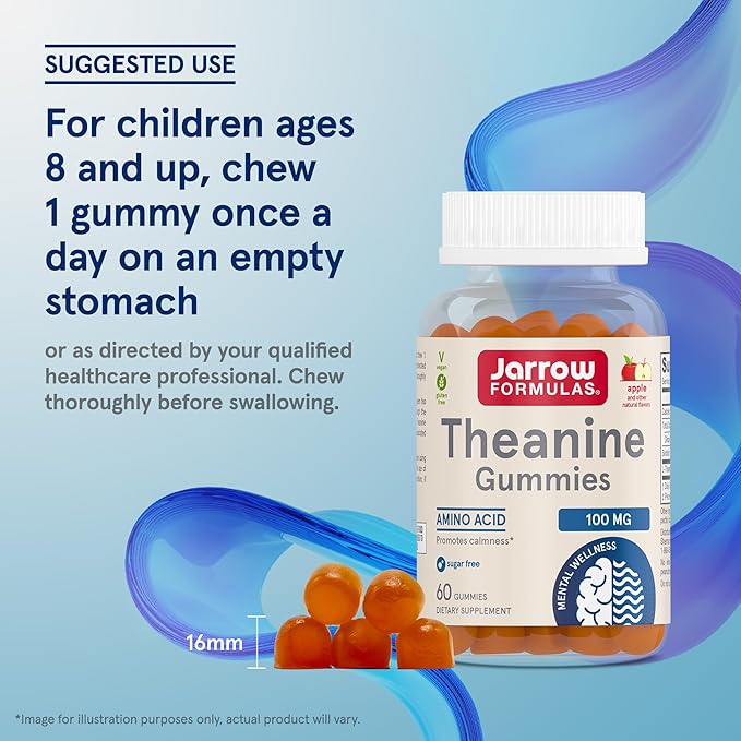 Jarrow Formulas® Theanine 100 mg Gummies, Dietary Supplement That Promotes Calmness, 60 Apple-Flavored Gummies, 60 Day Supply
