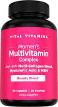 Vital Vitamins Women's Multivitamin Complex - Made with Multi-Collagen Blend, Hyaluronic Acid, & MSM - Beauty Multivitamins - with Vitamin A, C, E, B6, B12, D3-60 Capsules