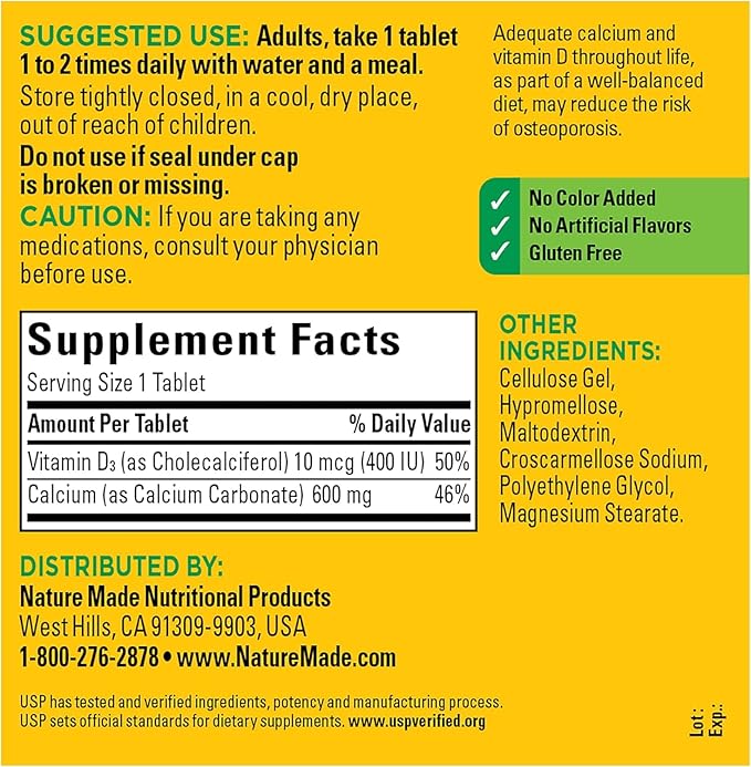 Nature Made Calcium 600 mg with Vitamin D3, Dietary Supplement for Bone Support, 220 Tablets - Pack of 2
