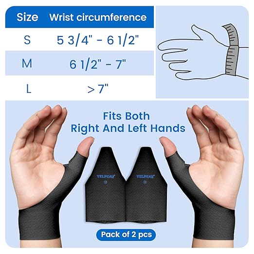 VELPEAU Thumb and Wrist Compression Sleeve for Tendonitis (Pack of 2), Seamless Technology, Gloves Wraps for Arthritis Pain Relief for Women & Men, Splint Liner, Fits Both Hands (Black, Long Version, S)