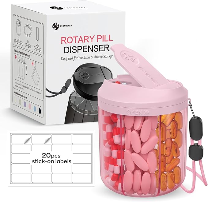 HIONXMGA Pill Organizer with 7 Large Compartments, Pill Dispenser for Travel, Supplement Organizer with Anti-Mixing Design, BPA-Free Pill Container with 20 Pcs Labels, Pink