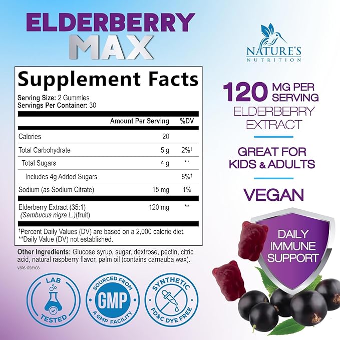 Elderberry Immune Support Gummies - Elderberry Extract Sambucus Nigra - Black Elder Berry Vitamin Supplement - Natural, Daily Immune Support Kids & Adults Love - Delicious Berry Flavor - 60 Gummies