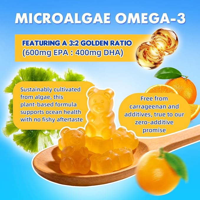 2 Pack Vegan Omega-3 Gummies - 1600mg with 600mg EPA & 400mg DHA. High Absorption Formula. Delicious Orange Flavor - 120 Gummies
