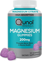 Qunol Magnesium Gummies for Adults, 200mg Elemental Magnesium (from 1,750mg Magnesium Citrate), High Absorption Magnesium Supplement, Supports Nerve, Bone and Muscle Health, Vegetarian, 90 Count