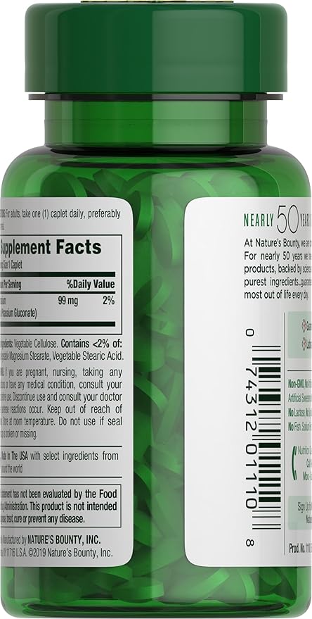 Nature's Bounty Potassium 99mg, Supports Fluid Balance and Muscle Activity, Involved in Normal Heart Function, Potassium Gluconate Dietary Supplement, 1 Per Day, 100 Vegetarian Caplets (Pack of 3)