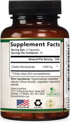 Creatine Monohydrate 3000mg Per Serving – Micronized Creatine Powder Capsules - Supports Lean Muscle, Strength, Energy, & Endurance - Nature's Supplement, Non-GMO, Bottled in USA - 60 Capsules