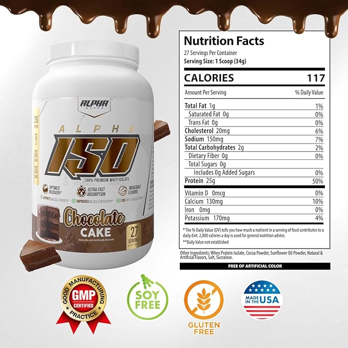 Alpha Supps ISO, Low Carb 100% Whey Protein Isolate Powder, 25 Grams Per Serving, Helps Support Muscle Growth, Low Sugar and Gluten Free (Chocolate Cake, 2 lb)