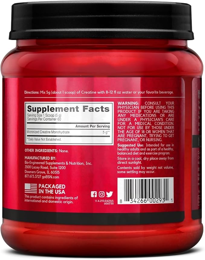 BSN Micronized Creatine Monohydrate Powder, Unflavored Creatine Powder, Micronized, Supports Muscle Building, Supports Muscle Strength, Gym Supplement, 5g per Serving, 5000mg per Servings, 60 Servings