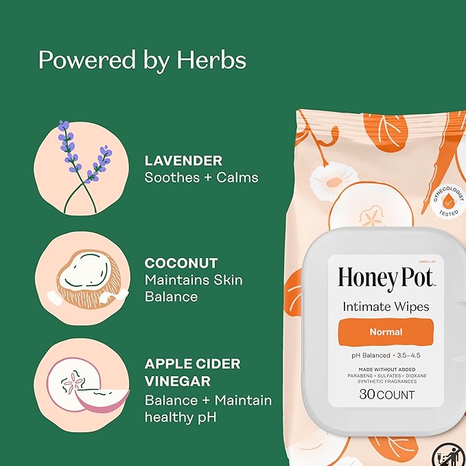 The Honey Pot Company - Feminine Wipes - Daily PH Balancing, Fragrance & Sulfate Free Wipes for Intimate Parts, Body, or Face - Hygiene Products - Normal 30 ct