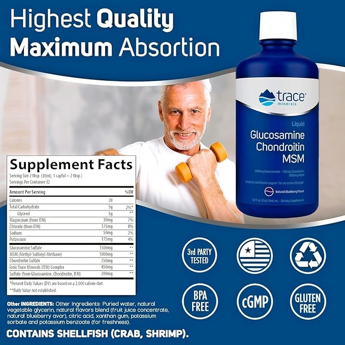 Trace Minerals Liquid Glucosamine Chondroitin MSM | Complete Dietary Supplement for Active Lifestyle | Supports Joints, Cartilage & Mobility | Natural Blueberry Flavor | 32 Servings, 32 fl oz