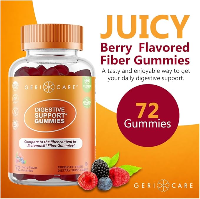 GeriCare Prebiotic Digestive Support, Gummies Compare to Metamucil Fiber Gummies, Berry Flavor, 72 Count, Plant-Based Fiber for Gut Health, Non-GMO, Gluten-Free, Vegan, Fiber Supplement (2 Pack)