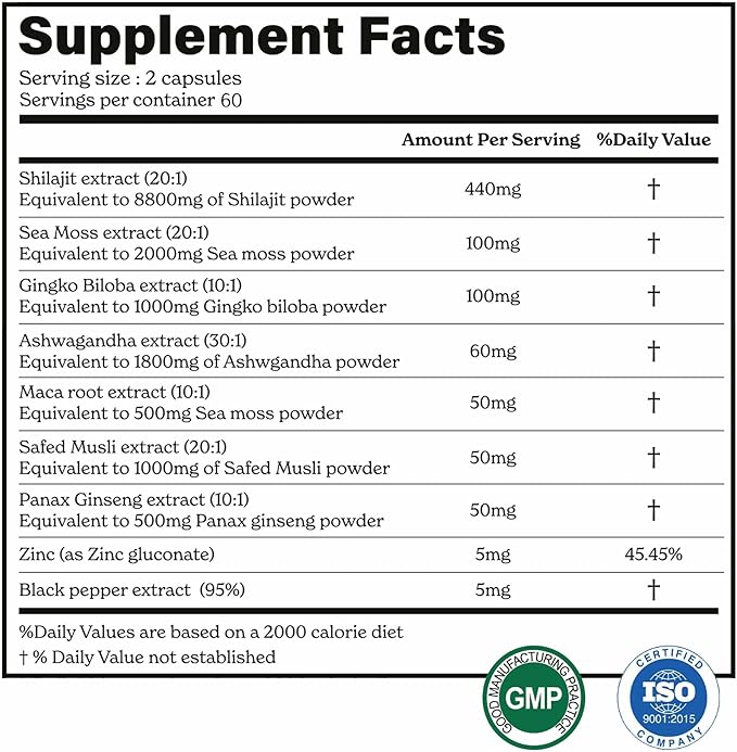8800mg Shilajit, Maca Root, Ginkgo Biloba, Sea Moss, Ashwagandha, Panax Ginseng, Safed Musli & Zinc| Boost Stamina & Energy, 120 Capsules| 95 + minerals| All in One Herbal Supplement for Men & Women