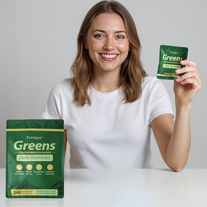Greens Daily Gummies, Superfood Fruits and Veggies Blend with Spirulina, Chlorella, Prebiotics & Fiber, Adaptogens Multivitamin Supplement for Women & Men Digestive Health, Non-GMO, 240 Count