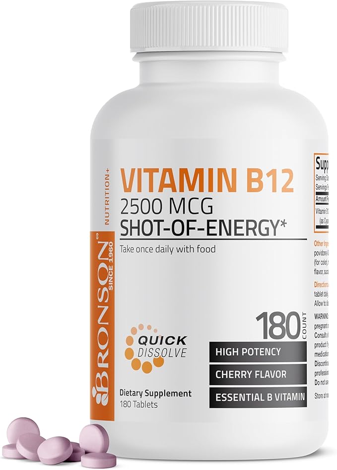 Vitamin B12 2500mcg Shot Of Energy Fast Dissolve Chewable Tablets - Quick Release Cherry Flavored Sublingual B12 Vitamin - Supports Nervous System, Healthy Brain Function Energy Production – 180 Count