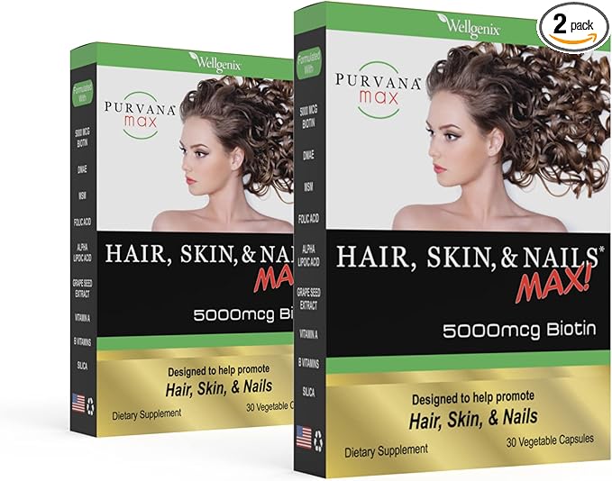 Wellgenix Purvana MAX Hair Skin and Nails Supplement – 5000mcg Biotin with MSM & B-Complex – Supports Thicker Hair, Stronger Nails & Glowing Skin – 60 Veggie Capsules (2 Pack)