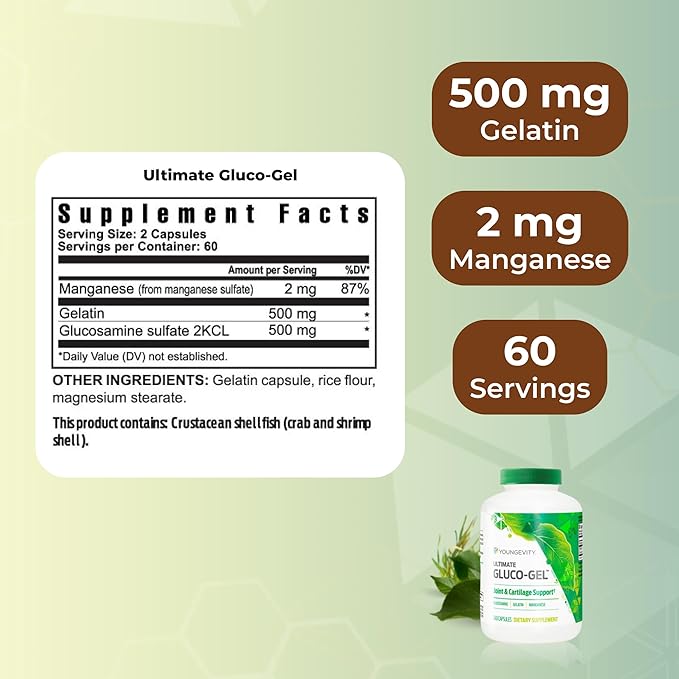 Youngevity Ultimate Gluco-Gel -for Tendons, Bones & Cartilage | Contains Glucosamine, Gelatin & Manganese | 240 Capsules | 1 Bottle
