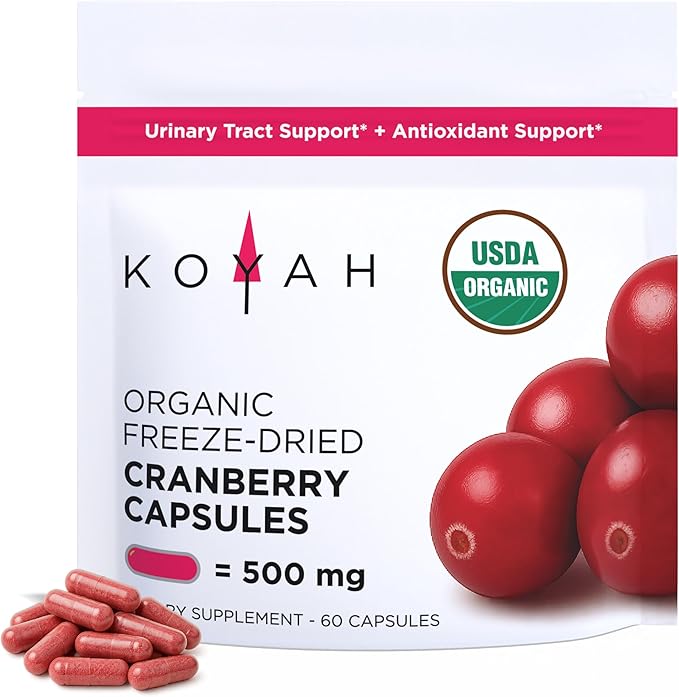 KOYAH - Organic Cranberry Capsules – Freeze-Dried Whole-Berry - 500 mg per Capsule - Urinary Tract Support & Antioxidant Support - 60 Capsules
