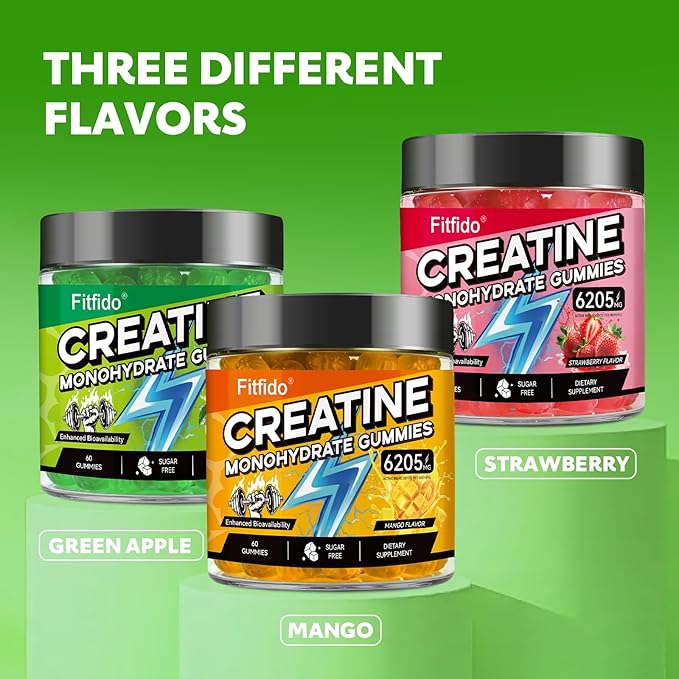 Creatine Monohydrate Gummies for Men & Women - 6205mg per Serving, Containing L-carnitine & Taurine, Post Workout Muscle Recovery, Strength & Energy Boost, Sugar Free & Vegan (60, Green Apple)