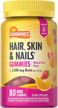 Sundance Hair, Skin, and Nails Gummies with Biotin | 2500 mcg | 80 Count | Fruit Flavor Vitamin | Vegan, Non-GMO & Gluten Free Supplement