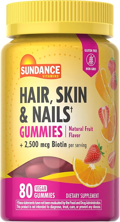 Sundance Hair, Skin, and Nails Gummies with Biotin | 2500 mcg | 80 Count | Fruit Flavor Vitamin | Vegan, Non-GMO & Gluten Free Supplement