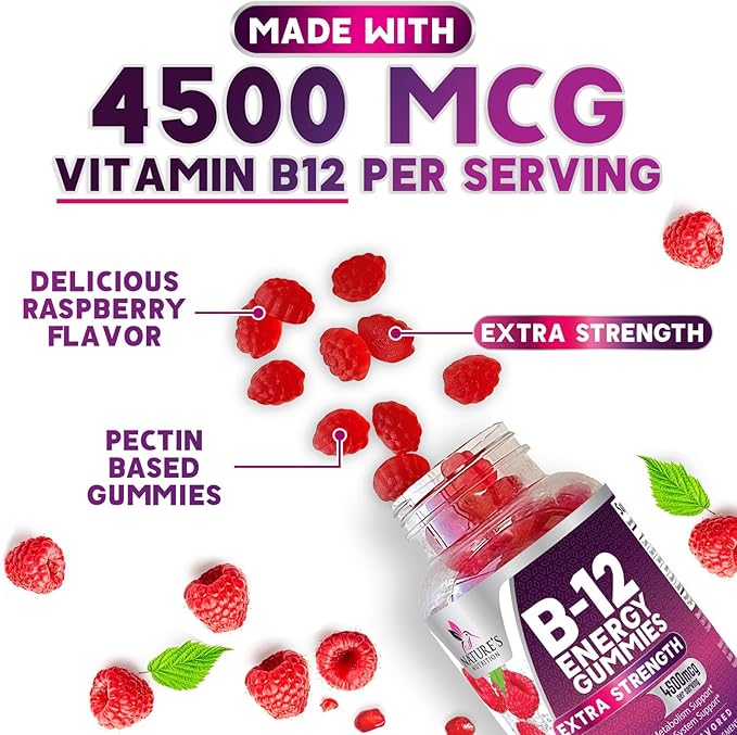 B12 Energy Gummies - 4500 mcg Vitamin B12 Per Serving - Extra Strength Chewable B12 Supplement for Energy, Metabolism & Immune Support - For Women, Men & Kids - Natural & Berry Flavored - 60 Gummies