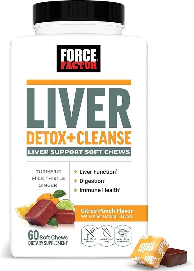 Force Factor Liver Detox, Liver Cleanse Detox & Repair Supplement, with Milk Thistle, Turmeric & Ginger to Support Digestion & Immune Health, Citrus Punch, 60 Soft Chews