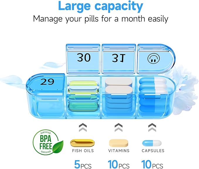 Zoksi Monthly Pill Organizer 1 Times a Day, 30 Day Pill Box Organizer,One Month Pill Case for Travel, 31 Day Daily Medcine Container for Vitamins, Supplement & Medication
