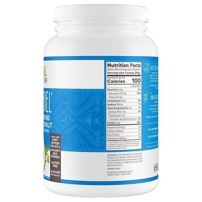 Primal Kitchen Primal Fuel Vanilla Coconut Whey Protein Drink Mix, Gluten and Soy Free, 1.85 Pounds