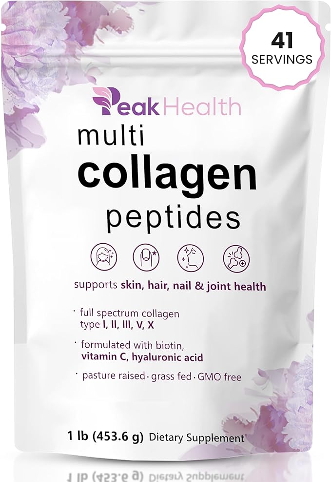 Multi Collagen Peptides Powder, 1 Pounds collagen powder- Type I,II,III,V,X with Biotin 10000mcg, Hyaluronic acid powder, Vitamin C - Unflavored Collagen Protein Powder - Keto & Paleo, Easy Dissolve