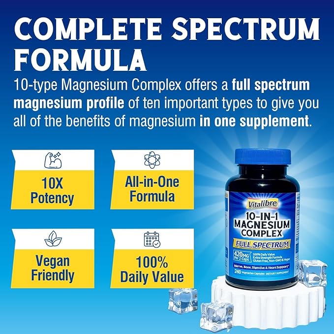 10 in 1 Magnesium Complex, 420mg Elemental Magnesium | Ultra Strength, Max Absorption | Chelated Magnesium Supplement for Nerves, Bone & Heart Health | Non-GMO, 240 Vegan Capsules