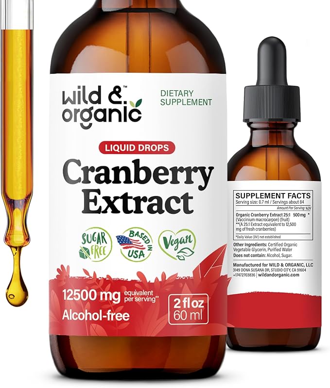 Wild & Organic Cranberry Supplement Drops - Urinary Tract Support for Women & Men - Pure Cranberry Extract Liquid Supplement - Vegan, Sugar & Alcohol-Free Tincture - 2 fl oz