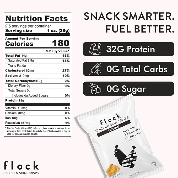Flock Keto Chicken Skin Chips – Original Flavor, Low Carb, High Protein, Gluten-Free Chicken Crisps, Keto Snack, Low Carb Chips, Protein Crackers, Diet Snacks, 8-Pack (1oz)