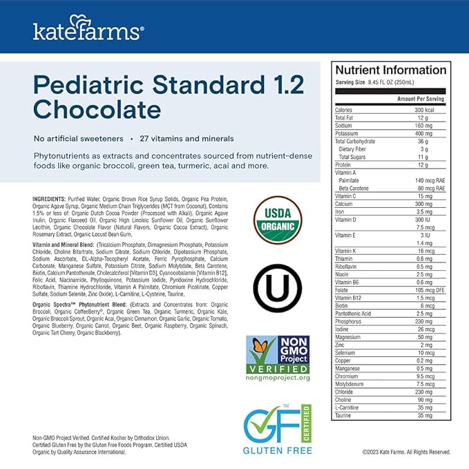 KATE FARMS Organic Pediatric 1.2 High Calorie Chocolate Nutrition Shake,12g Protein,27 Vitamins and Minerals,Meal Replacement,8.45 oz,(Pack of 24)