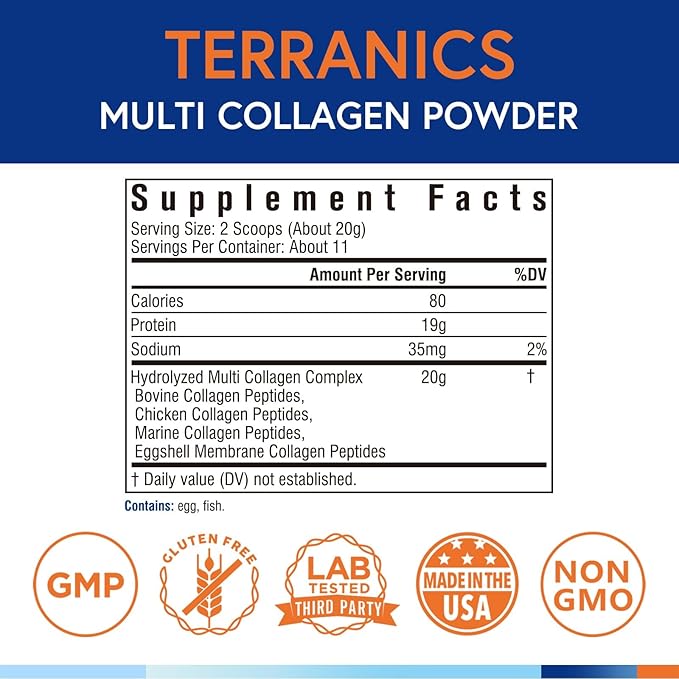 Terranics Multi Collagen Peptides Powder, Type I II III V X Hydrolyzed Collagen for Women+Men, Collagen Supplements, Fast Dissolve, Unflavored Colageno, No Sugar, Keto, 8oz