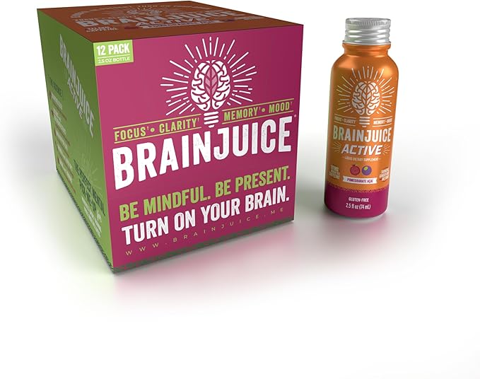 BrainJuice Active Focus & Energy Drink Shots, Supports Endurance, Recovery & Clarity, Non-GMO, Gluten Free, Nootropics, Alpha GPC, B Vitamins & Organic Green Tea, Pomegranate Acai, 2.5 fl oz, 12 Pack
