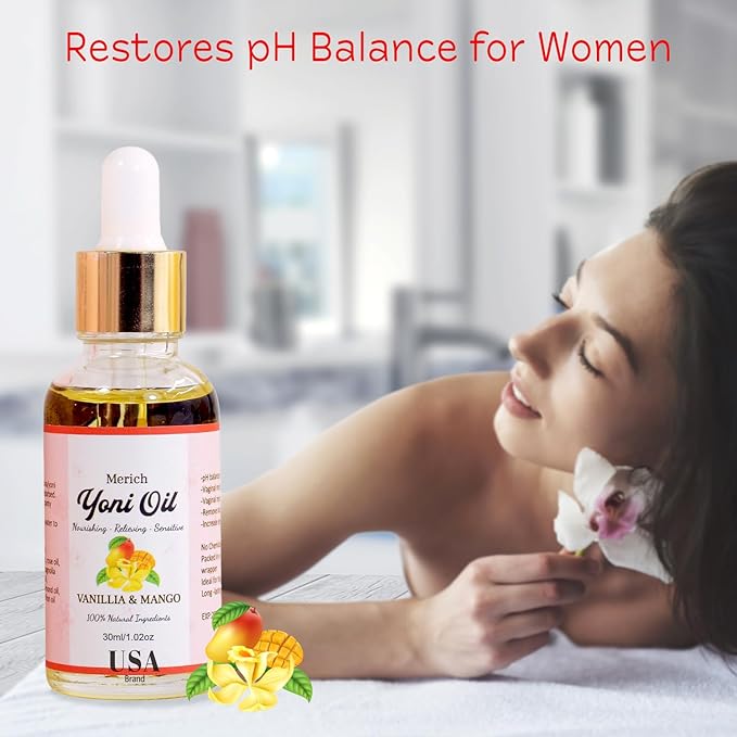 MERICH Natural Yoni Oil for Women | pH Balancing Vaginal Detox Oil, Vanilla & Mango | Rejuvenating Formula for Dark Spots & Ingrown Hair | Odor Eliminator & Gentle Cleansing Feminine Care | 1 oz